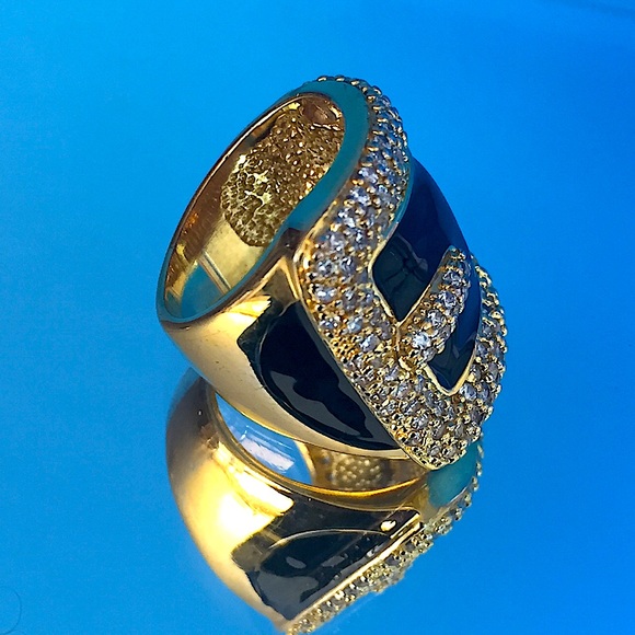 Black Enamel Cubic Zirconia Golden PJM Buckle Ring - Picture 7 of 7